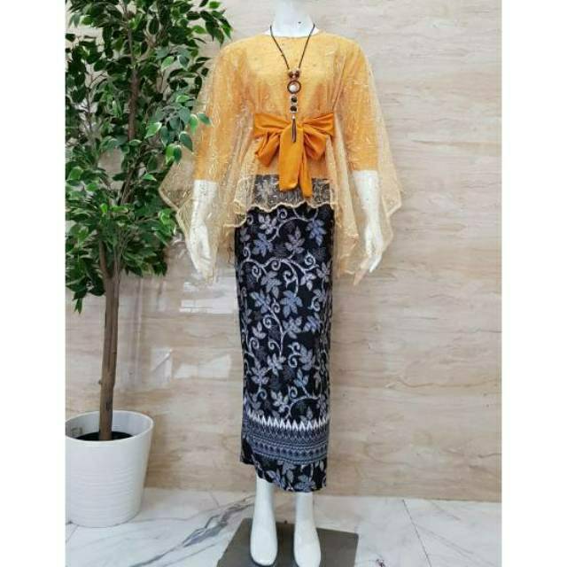 Satu Set Setelan Baju Pesta Kondangan Wanita Kebaya Cape Modern Brokat Tile Furing Manset Tali Pita 