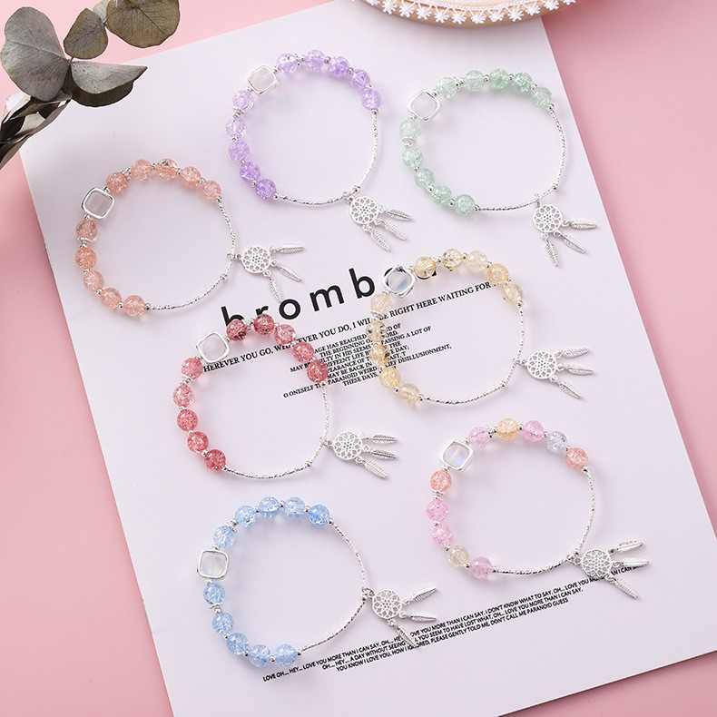 XiaoboACC Gelang Tangan Manik-manik Kristal Dreamcatcher Warna Pink Ala Korea untuk Wanita