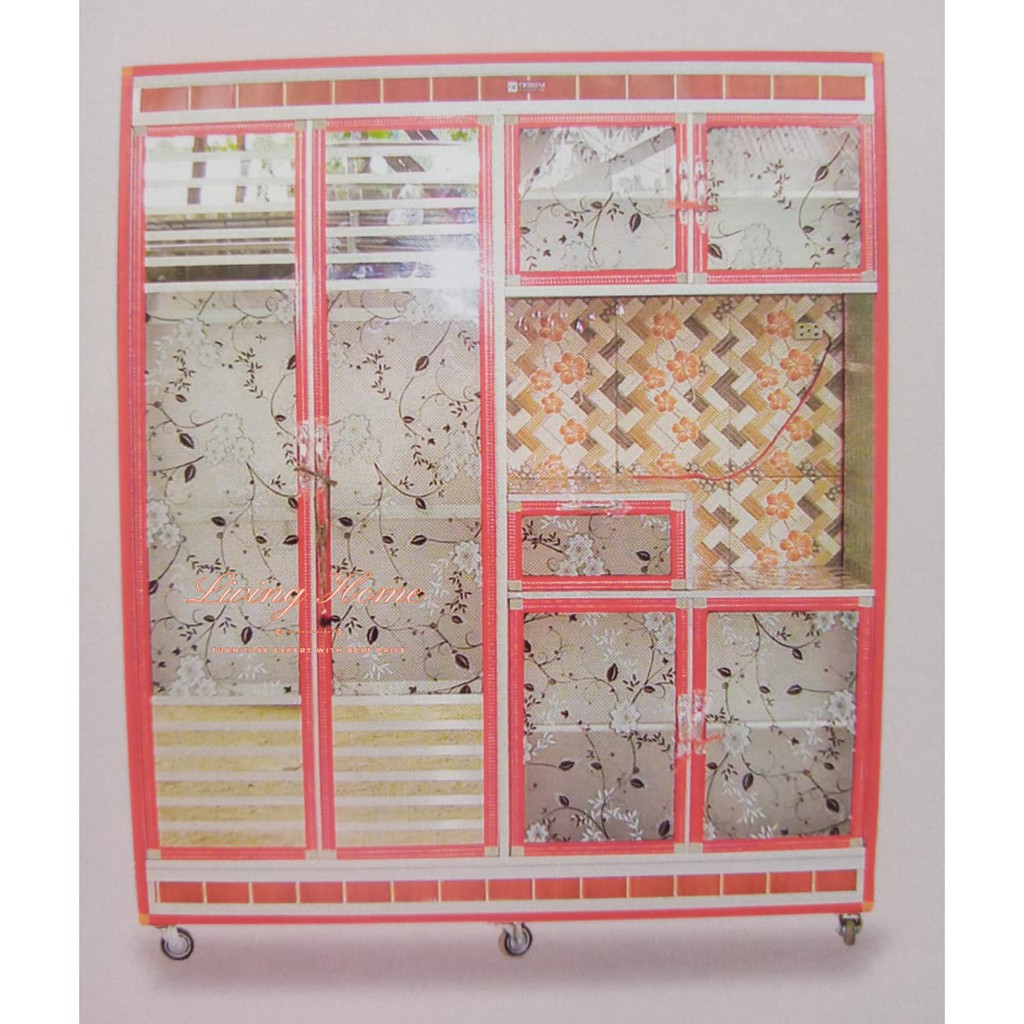 Lemari Dapur 4 Pintu Keramik Super Jumbo Laci Rak Piring Gelas Magic Com Aluminium Kaca + Roda