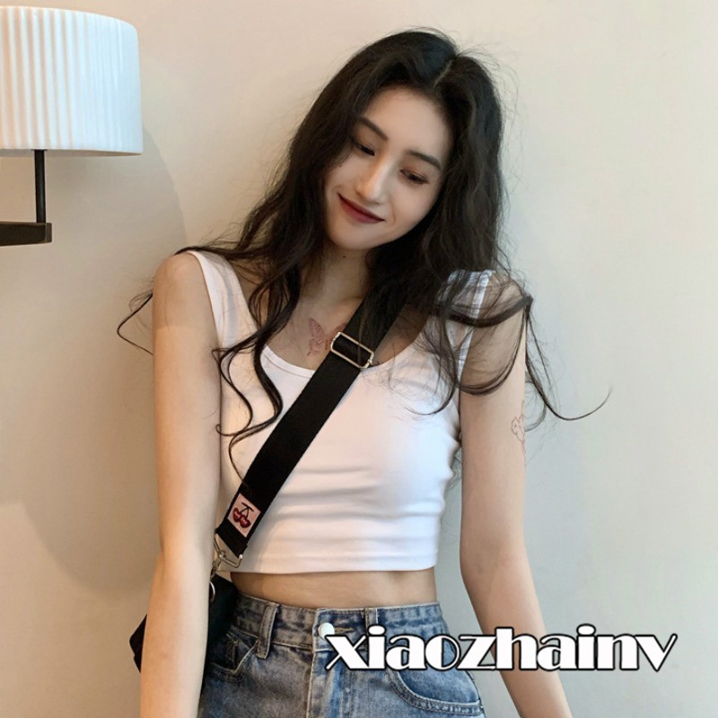  Xiaozhainv  Pakaian wanita Korea Warna solid Atasan pendek 