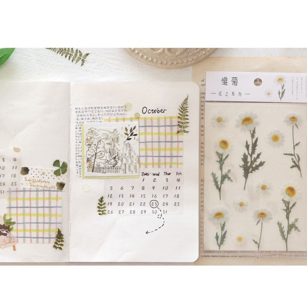 [1Pcs Designs Natural Daisy Plant Words Stickers] [Transparent PET Material Flowers Leaves Plants Deco Stickers]