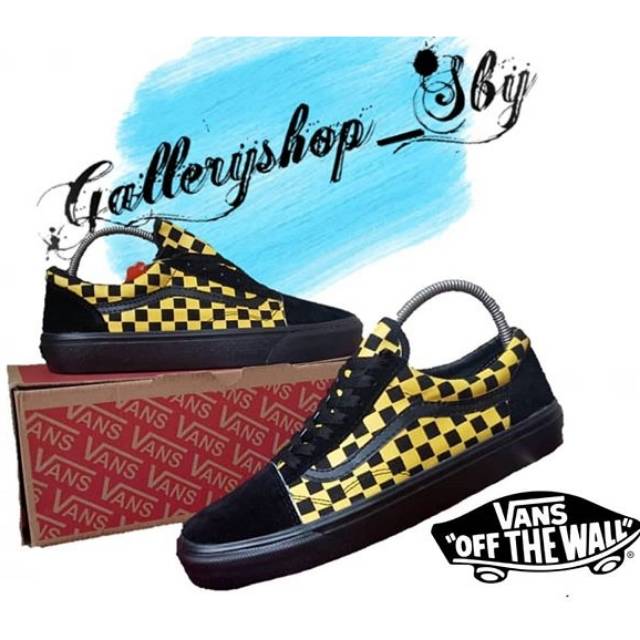 Sepatu Vans Oldskol Checkerboard Black Yellow Kuning Sneakers Kets Casual Sekolah Kuliah Kerja Kado