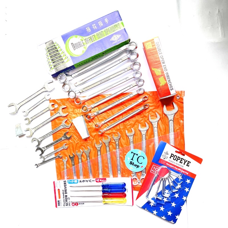 Paket Kunci Tool Set : Kunci Ring Set+Kunci Ring Pas Set +Kunci Pas Set+Kunci L Gantung +Obeng 4pcs 