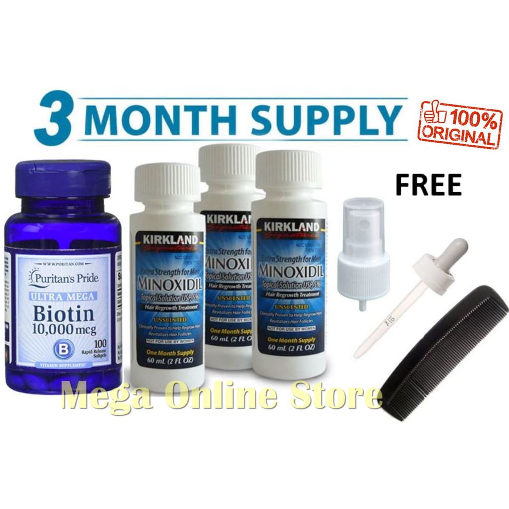 Paket 3 bulan Kirkland Minoxidil 60 ml + Puritan Biotin 10000 mcg 100 Softgels + Pipet ori