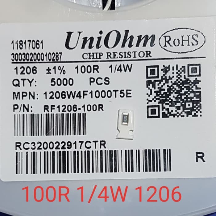 Resistor 100R 1% 1/4W 1206 SMD Taiwan