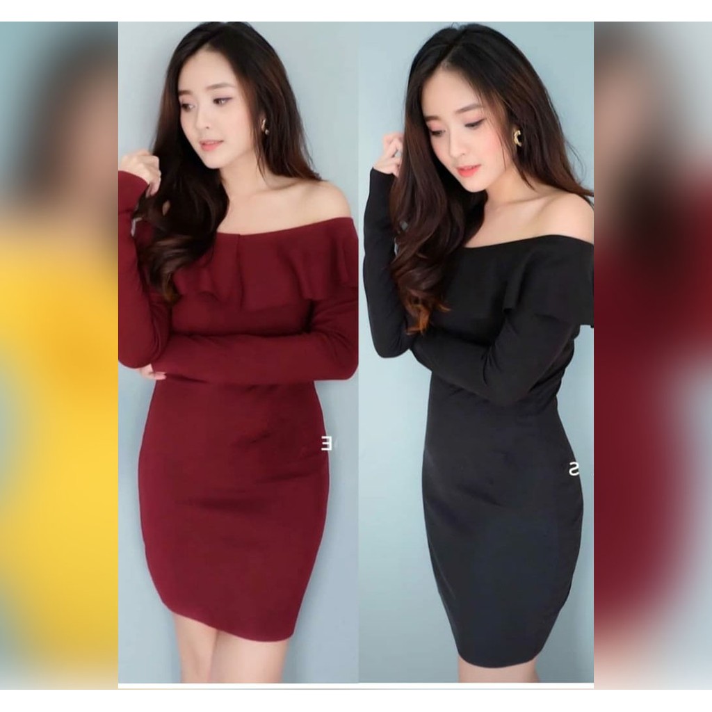 Dress Sexy Wanita Sabrina 160 Hollie Bahan Scuba / Dress Party Wanita Cantik Kekinian Warna Marun Hi
