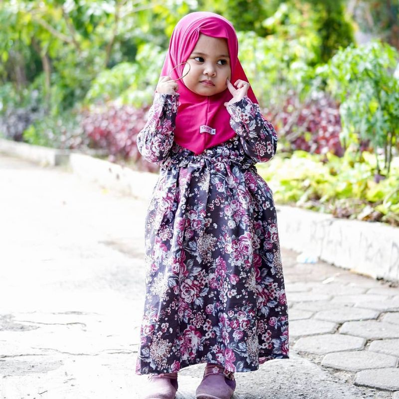 Nunakids Gamis Anak INARA _ Dark Grey Flower
