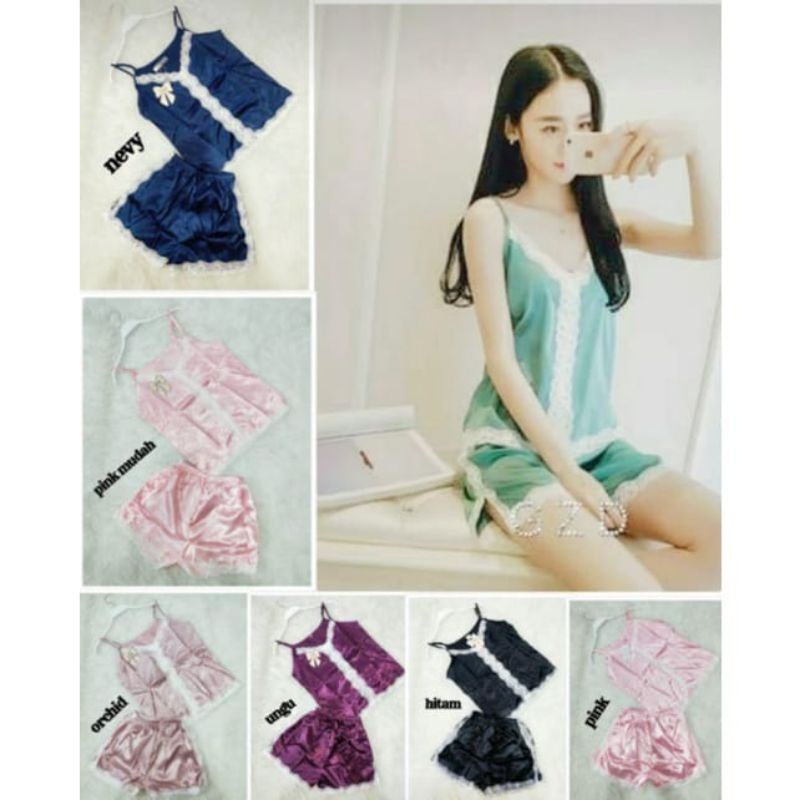 SLEEPWEAR Setelan Baju Tidur Wanita Tanktop Hotpants Celana Pendek Sexy Satin Import