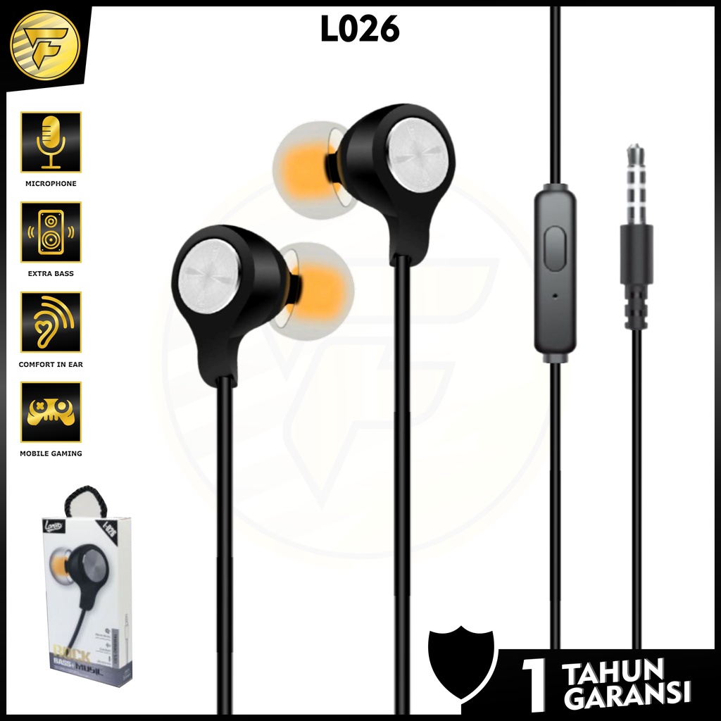 Headset L26 stereo music ROCK BASS telfon earphone mic original