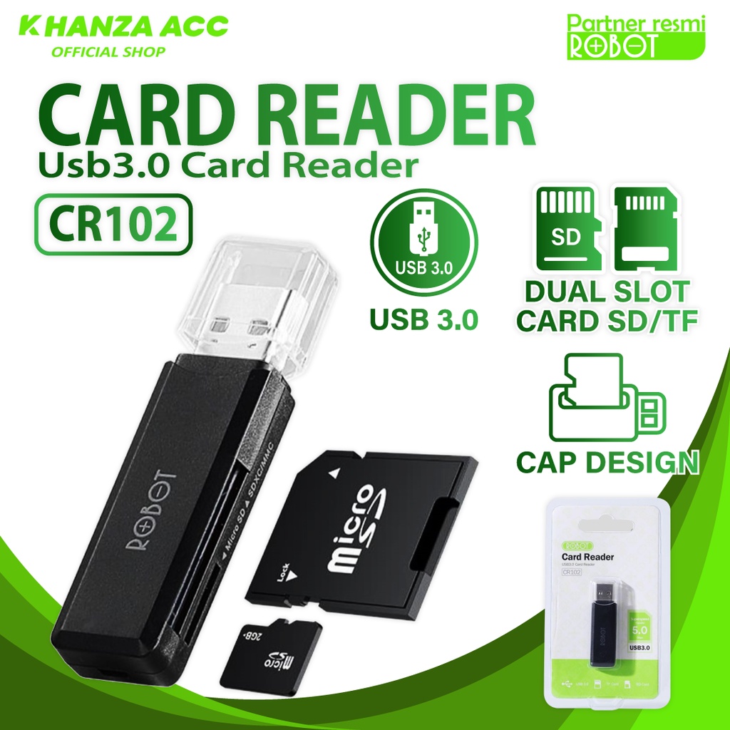 KHANZAACC Robot CR102 Card Reader USB 3.0 Dual Slot Card SD/TF