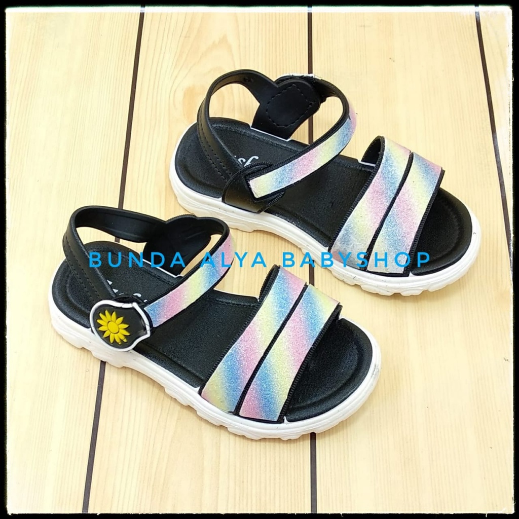 Sendal Anak Perempuan Usia 4 5 6 Tahun Glitter Pelangi HITAM Elastis - Sandal Anak Cewek Anti Licin Alas Karet RAINBOW