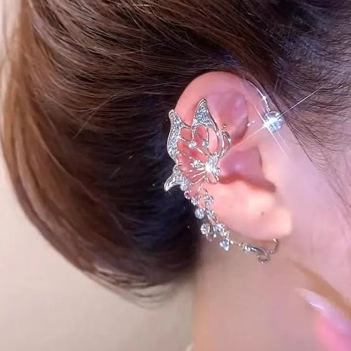 Anting Hoop Zircon Berlian Imitasi Model Kupu-Kupu Menjuntai Gaya Korea Untuk Wanita