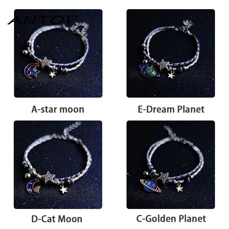 Gelang Rantai Dengan Charm Bentuk Planet Bulan Bintang Untuk Wanita