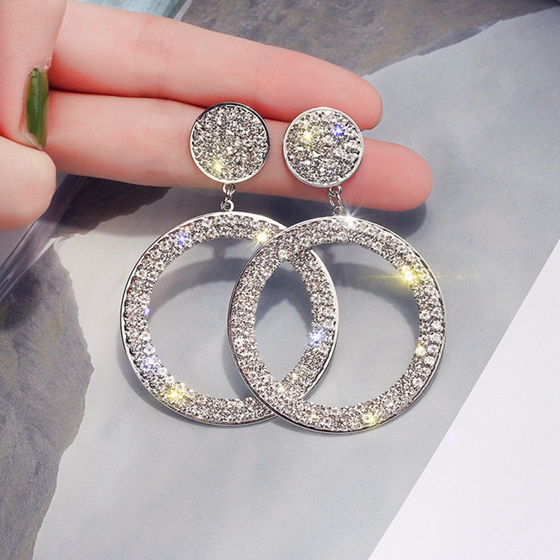 Anting Tusuk Sterling Silver 925 Model Bulat Dengan Berlian Imitasi Untuk Wanita