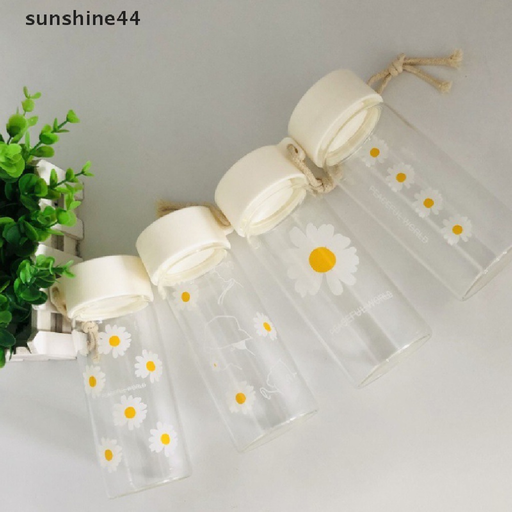 Sunshine Botol Minum Plastik Frosted Motif Bunga Aster Kecil 450ml Dengan Tali Untuk Travel