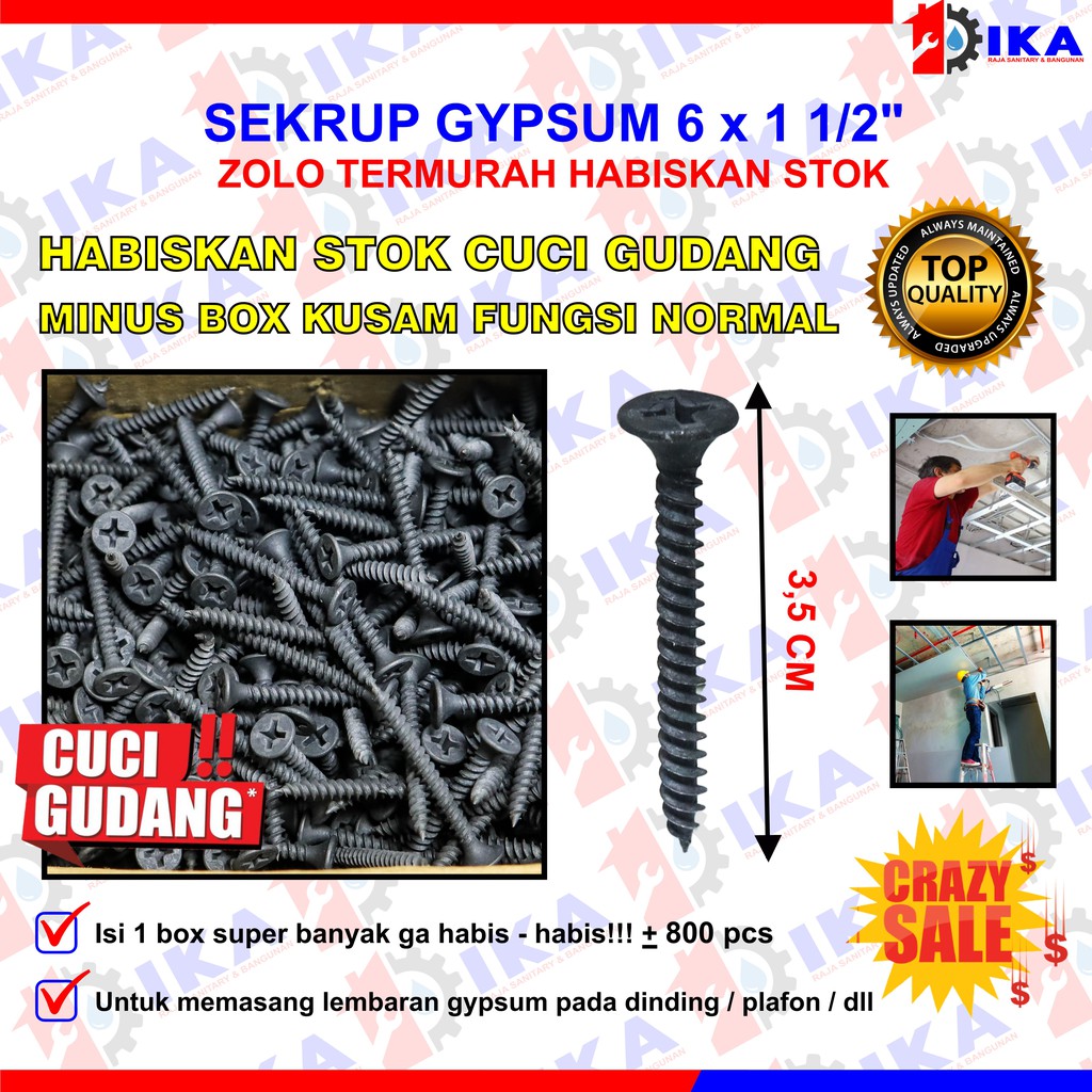 Cuci Gudang Skrup Gypsum Gipsum Hitam ZOLO 6 X 11/2&quot; inch Harga 1 kotak Murah Terbatas