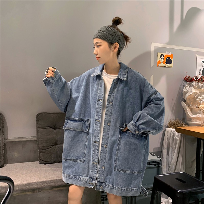 [chaoo.id]Jaket Denim Gaya Korea Jaket Lengan Panjang Retro Warna Solid Jaket denim wanita Korea style