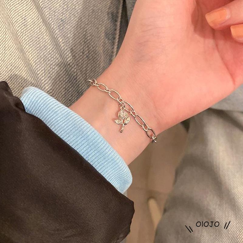 【COD】Gelang Tangan Rantai Adjustable Motif Bunga Mawar Warna Silver Untuk Wanita