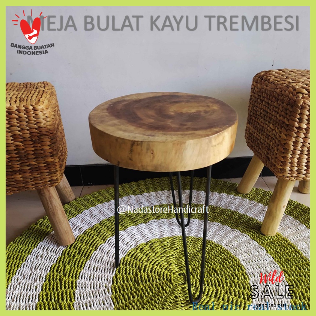 Meja Bulat / Meja rustic / meja akar Jati Bulat / Meja Samping Meja Kayu Kaki besi Bulat 35 cm W003