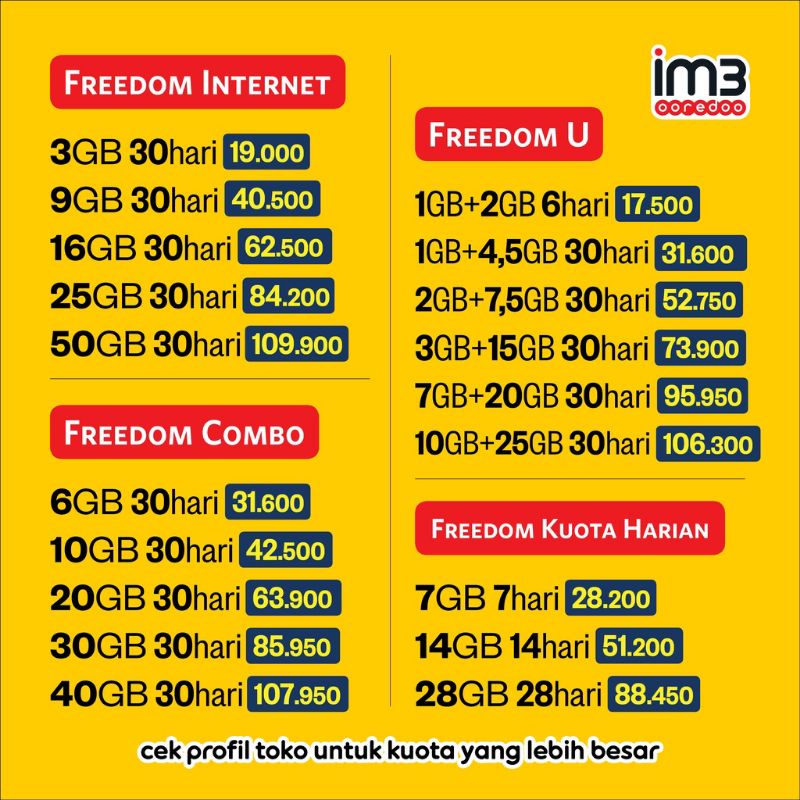 PAKET DATA INTERNET INDOSAT IM3 FREEDOM INTERNET, FREEDOM COMBO, FREEDOM U, FREEDOM KUOTA HARIAN