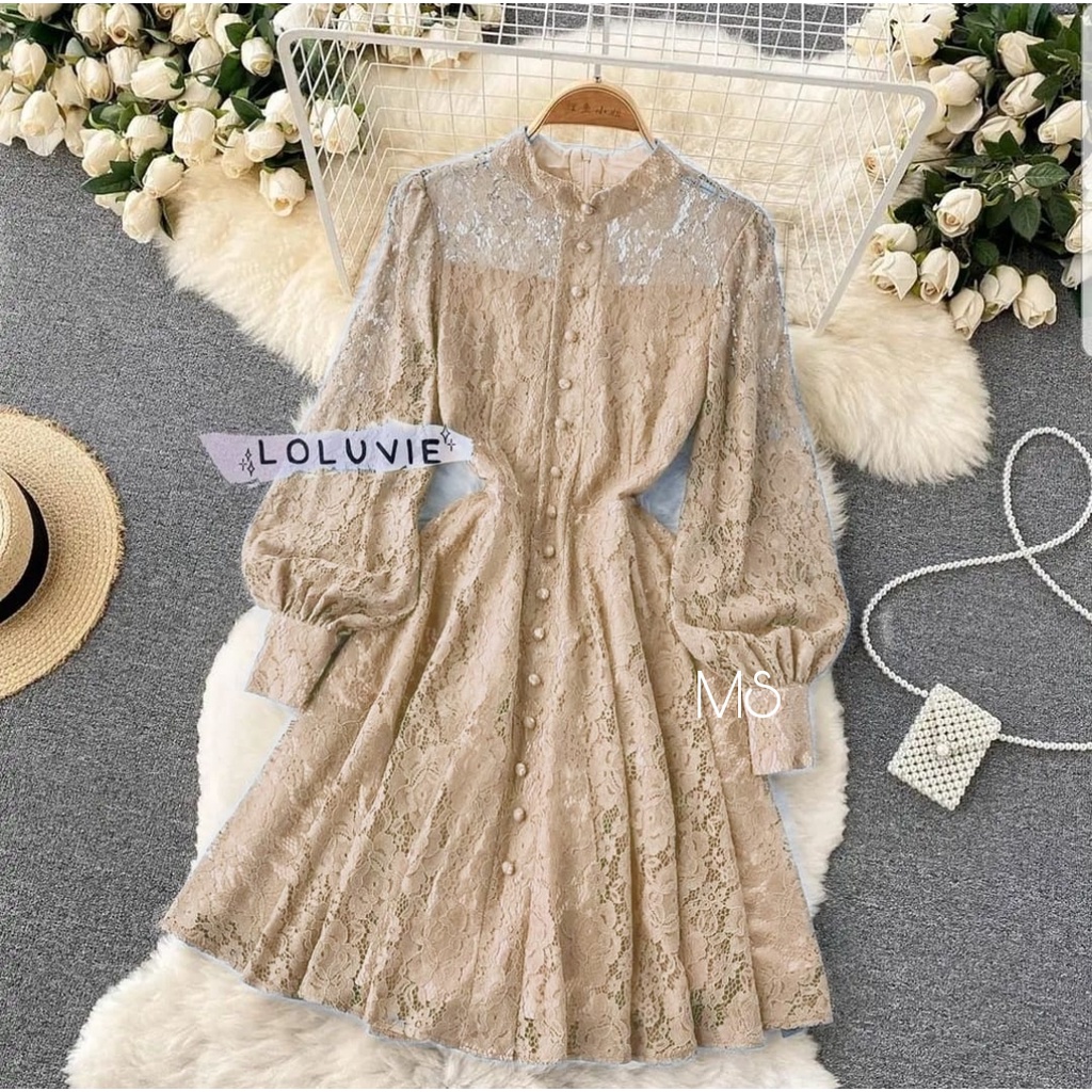 DRESS LOLUVIE BRUKAT FASHION PAKAIAN WANITA DRESS BRUKAT LAPIS FURING MS ADA VIDEO REAL PIC