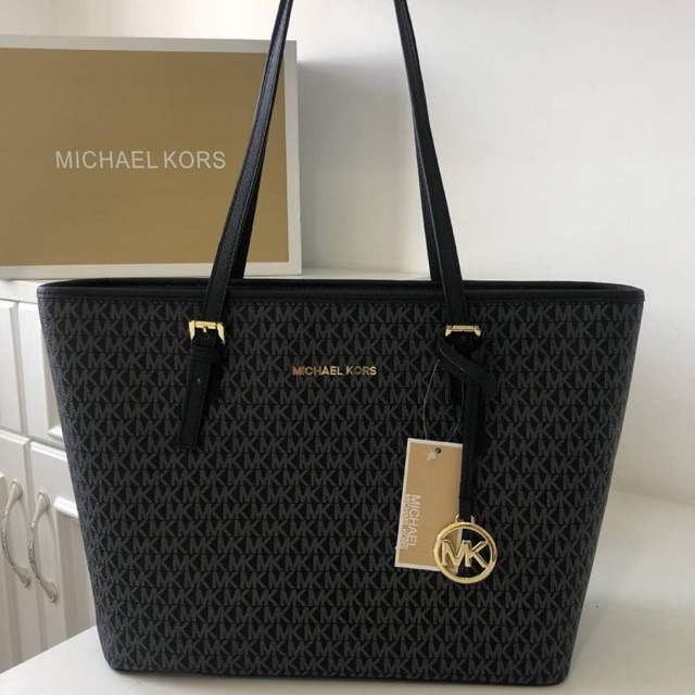 [ORIGINAL 100%] Michael Kors Totebag Logo Signature Kanvas/MK Tas Kerja Wanita - Black