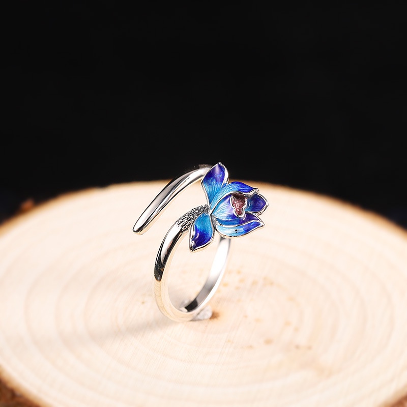 Cincin Model Terbuka Desain Bunga Teratai cloisonne Warna Biru Polos Gaya retro Untuk Wanita