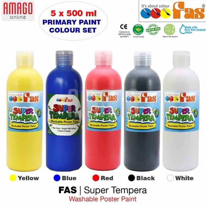 

PAKET 5 WARNA -FAS SUPER TEMPERA- YELLOW BLUE RED BLACK WHITE X 500 ml