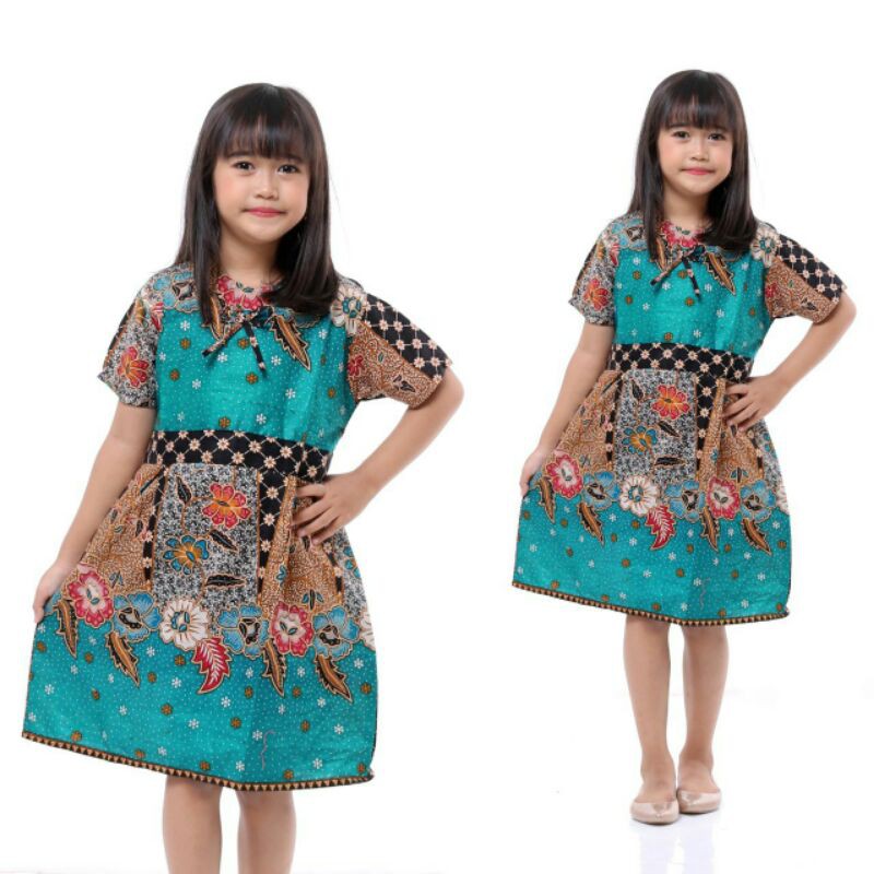 BATIK COUPLE KELUARGA sania ruffle ori ndoro jowi dnt motif Sinaran Tosca-Dress Anak