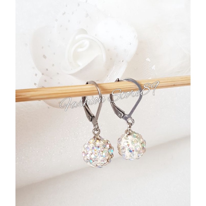 Anting Bola Permata Kristal Titanium Silver Impor Anting Titanium bola Kristal