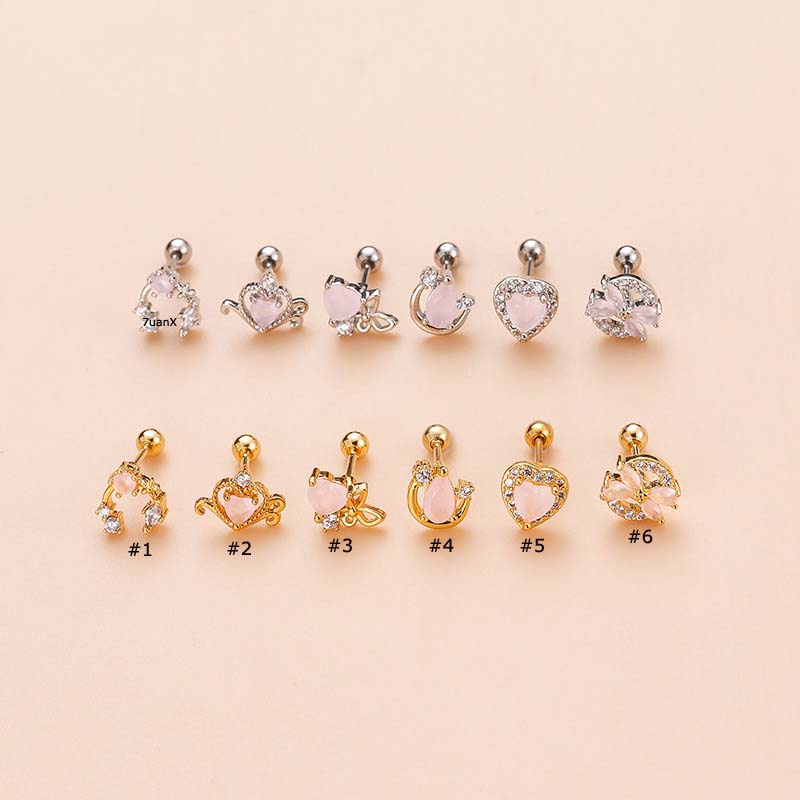 1pc Anting Tindik Tulang Rawan Telinga Bentuk Hati Pink Bahan Stainless Steel 20Gauge Dengan Zircon