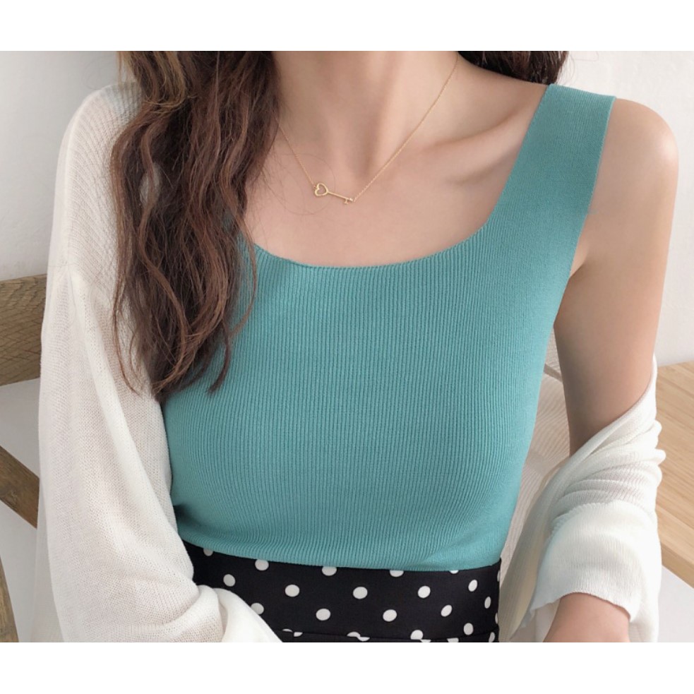 T08 tank top wanita pakaian atasan tanktop cewek korea rajut square neck inner wear-Biru Muda