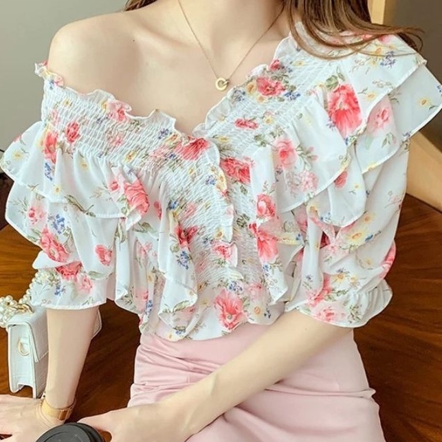 2433 Baju atasan kerah Vneck SMOCKED motif bunga Korean style wanita import baju atasan blouse sabri
