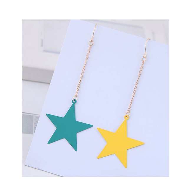 LRC Anting Tusuk Fashion Yellow + Green Metal Contrast Five-pointed Star Earrings A58852