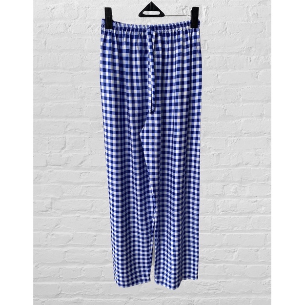 CELANA KULOT PANJANG WANITA TALI POLOS & MOTIF A031-Biru kotak