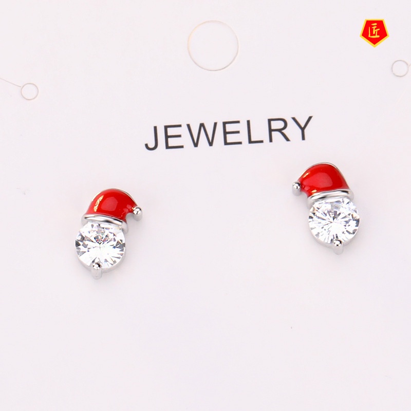 [Ready Stock]Inlaid Moissanite Santa Claus Hat Earrings Cute