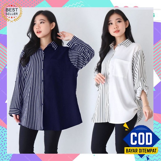 Kemeja Korea Oversize Hem Casual Kotak Cewek Terbaru Kekinian Re845 Bl Pocket Pattern Shirt / Kemej 