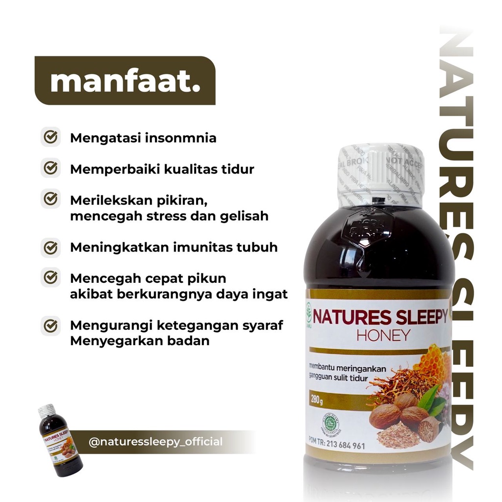 NATURES SLEEPY Madu Natures Sleepy Obat Susah Tidur Insomnia Herbal Lelap Tidur Imsomnia Ngantuk Lebih Cepat Melancarkan Peredaran darah Mengurangi Stress dan meredakan ketegangan syaraf  Menyegarkan Badan Memperbaiki Kualitas Tidur &amp; Pola Tidur