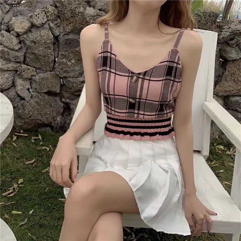 Atasan Jennie Blackpink Streetwear Mosaic Plaid Tank Top Rajut Sexy
