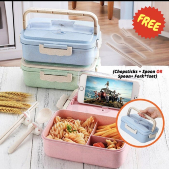 Kotak Makan Jerami Lunch Box Gandum Wheat Tempat Bento Alat Sendok Set