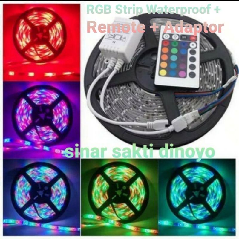 Lampu Led Strip Rgb Remote warna warni 5m 5 meter anti air adaptor