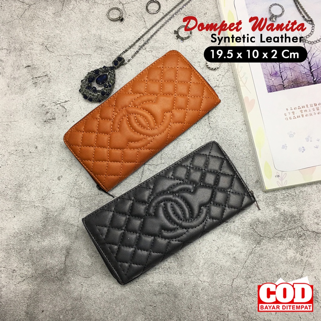 Dompet wanita polos wallet organizer resleting 2 ruang dompet panjang kulit sintetis embos dompet uang koin kartu hp