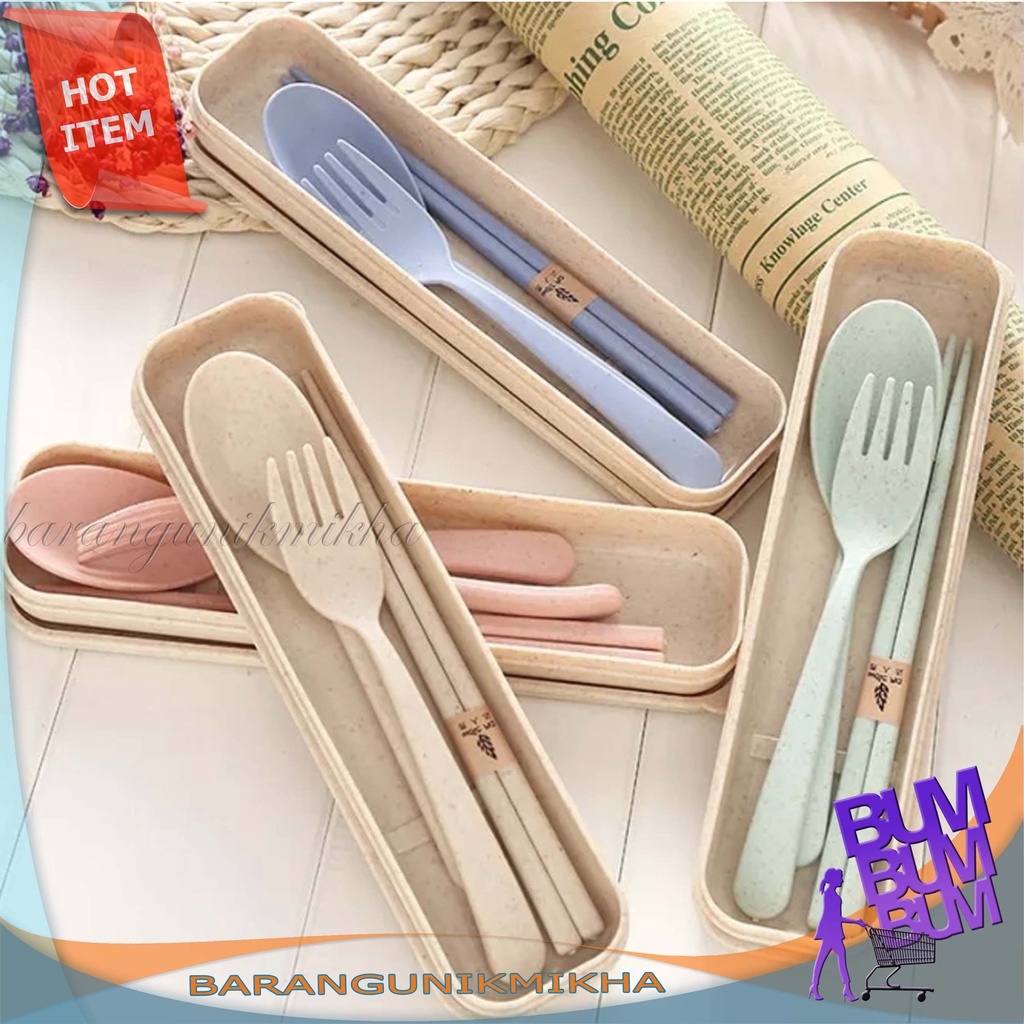 Sendok Garpu Sumpit Portabel Set / Alat Makan Bahan Jerami Gandum