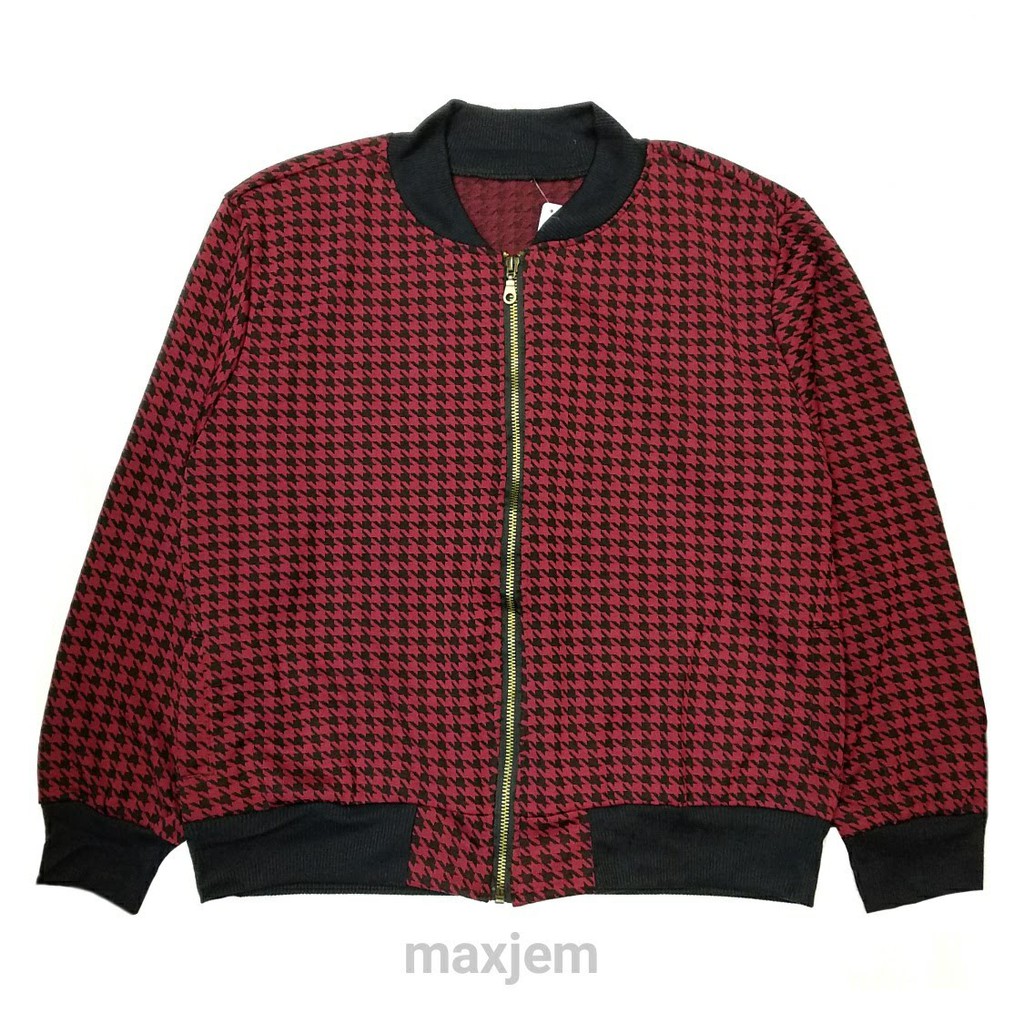 Jaket Bomber Houndstooth XL-XXL wanita jumbo besar bhn Crepe kaos Marun maxjem