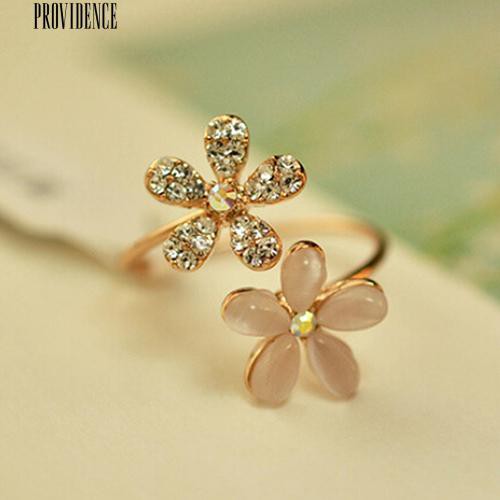 Opal Daisy Bunga Ganda Terbuka Cincin Berlian Imitasi Adjustable