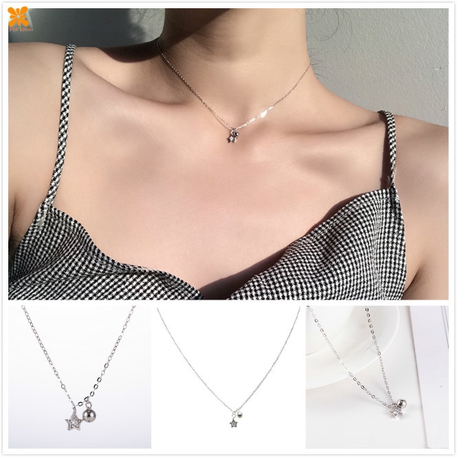 1pc Kalung Rantai Klavikula Hias Kristal Bintang Warna Silver Untuk Hadiah Hari Valentine