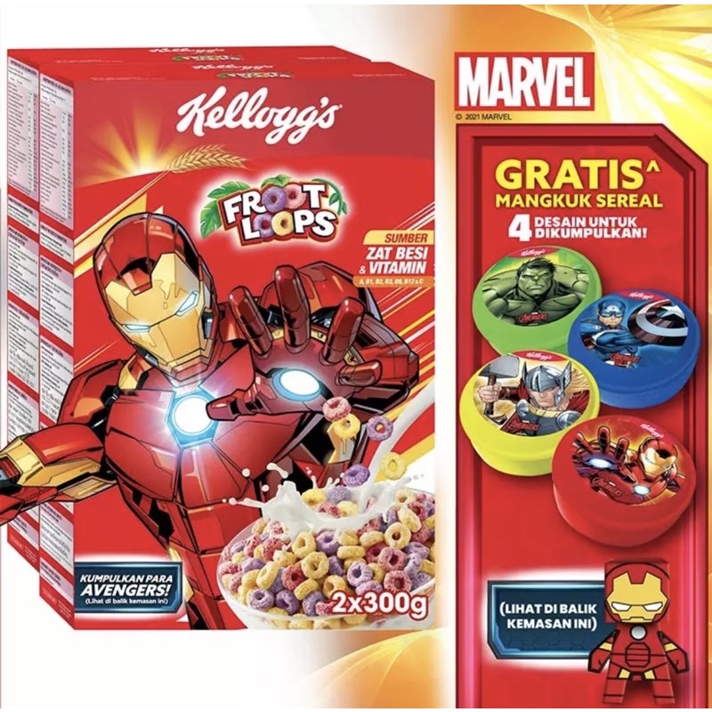 Kelloggs Froot Loops, Frosties & Coco Pops 300gr Edisi Marvel Gratis Mangkok/Kellogg's Cereal Murah 