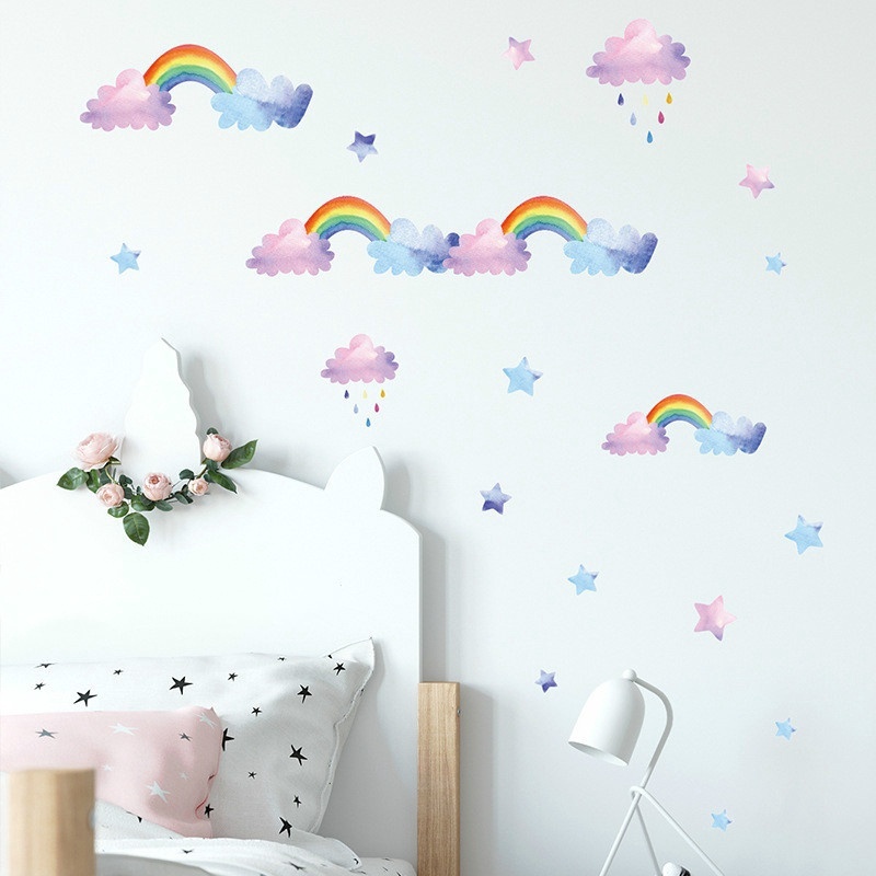 Stiker Dinding Desain Kartun Pelangi Awan Bahan Pvc Ukuran 20x30cm Untuk Dekorasi Kamar Anak