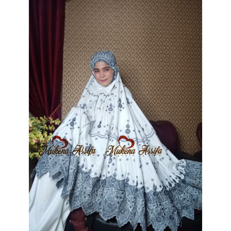 Mukena bordir padang putih renda silver