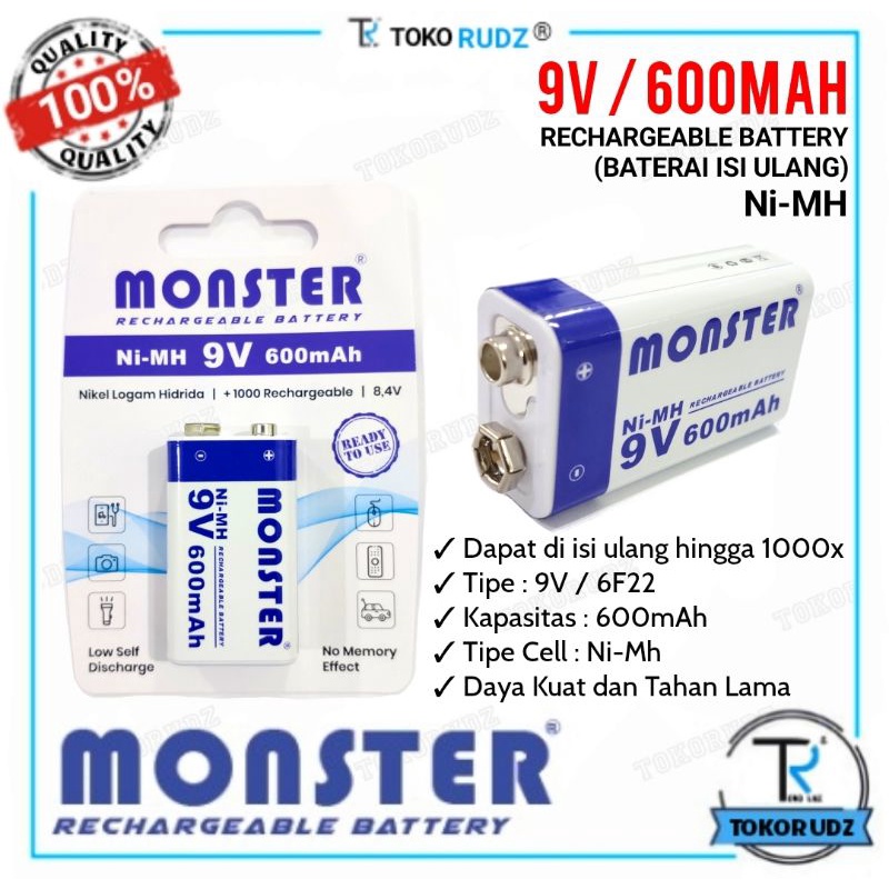 Batre 9V Cas Baterai Isi Ulang 6F22 600mAh Rechargeable MONSTER